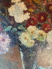 Oil painting by August Winkelhock Still Life Flowers in Vase Gerbera Blossoms