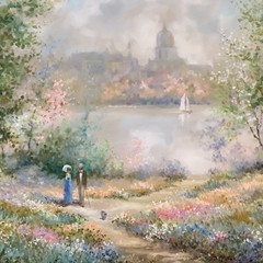 Oil Painting Pastel Late Spring European City Colorful Garden Pond w Boats 40×30