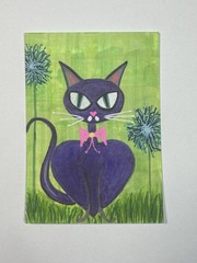 ACEO Original Mixed Medium Painting 2.5×3.5 Inches Cat With Flowers 2.5 X 3.5