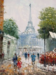 Vintage Signed Oil Painting French Street Scene J. Bardot France Eiffel Tower
