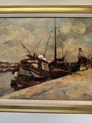 Antique Painting 1910’s Impressionist Coast Beach Industrial Boat Dock Listed