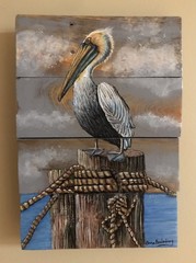 Original Coastal Painting On Reclaimed Wood Pelican By Anne Bodenburg