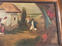 Antique Oil Painting on hand carved wood two men getting ready to Duel 16×9