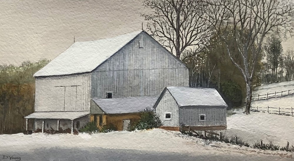 Original Matted Gouache Painting „Ohio Barn“ by Pennsylvania artist David Young