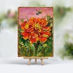 ACEO Original Marigold Oil Painting Flowers Canvas 3.5×2.5in Collectible Art OS