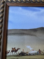 Damba Tsolmon – Original Framed Watercolor Horses and Yurt – Mongolian Art -2002