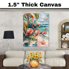 Watercolor Flamingos by Tropical Shoreline in Coastal Beach Canvas Art Print