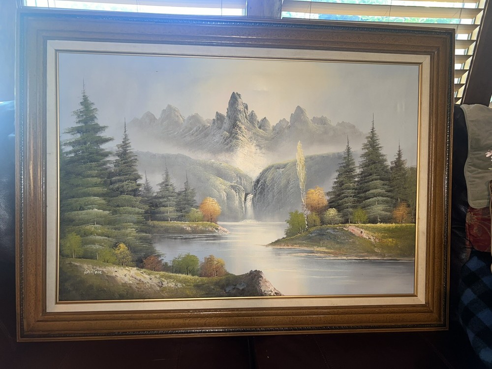 HANTONE RARE Oil Painting On CANVAS Mountain WATERFALL Landscape 44” X 32”