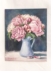 Peony ORIGINAL Oil Painting Vintage Flowers in Vase Still Life 8″ x 10″