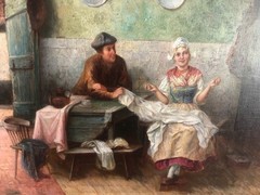 19th Century Oil Painting in Ornate Gold Frame Interior Scene Dutch School 39×33