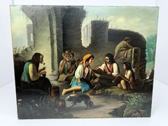 Vintage European Oil Painting Romani Encampment Genre Scene Musicians Canvas