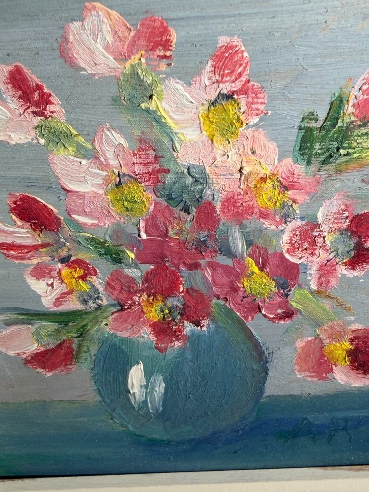 Framed Floral Oil Painting Miniature Signed Vintage 6″ x 5″ White Frame