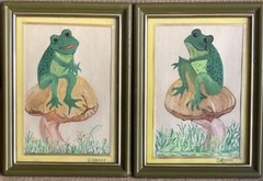 Vintage Pair of Original Oil Paintings Whimsical Frog Pictures Signed Framed Art