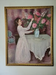 Original Oil Painting Woman Arranging Flowers Still Life Framed Signed 1994