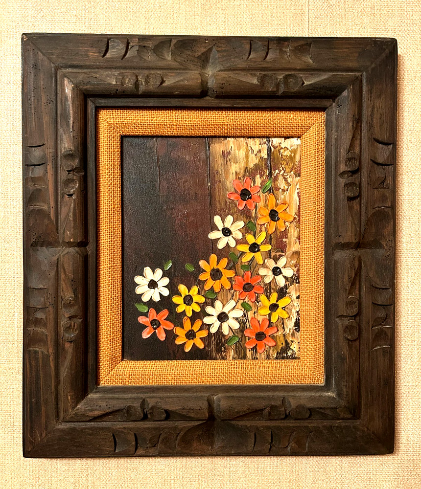 VTG Retro 1970s Mexican Oil Painting ~ Daisies ~ Hand Carved Frame ~ 16×18″