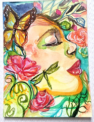 ACEO Original painting abstract WOMAN near flowers miniature art card by CRC