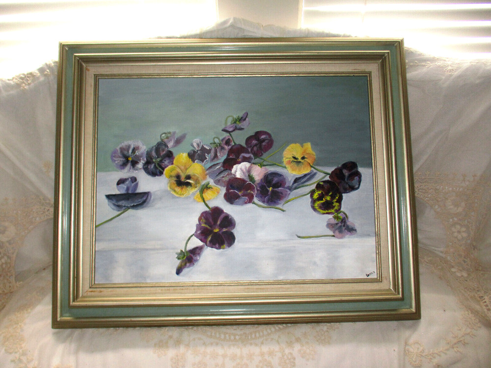 GORGEOUS! Large Signed Original Oil on Canvas Yellow and Purple Violets 31 x 25