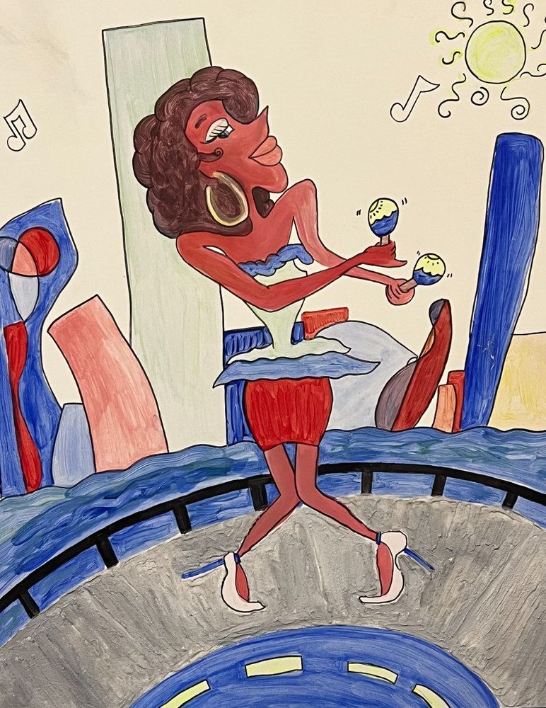 Original Modern Caribbean Dancer in the city, 20X16 Mixed Media on Paint Board