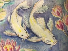 White Koi Carp Fish In a Pond Wall Art. Watercolor painting 11,5″ x 16,25″