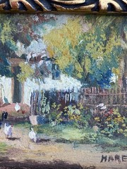 Joseph Harencz ATQ VTG Miniature Impressionism Chicken Genre Landscape Painting