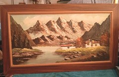 MID CENTURY GERMANY DECORATIVE OIL / FRAMED CANVAS PAINTING SWISS ALPS 37″x21.5″