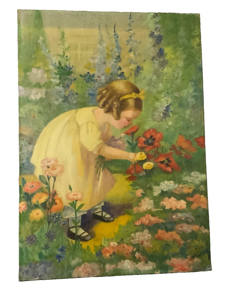 Vintage 1928 Oil Painting Girl Flowers Signed Wilma Powers After Annie Muller