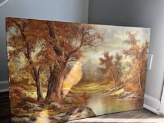 Large Original Oil Painting Signed I.(23.6″×39.4″) Landscape with River & Trees