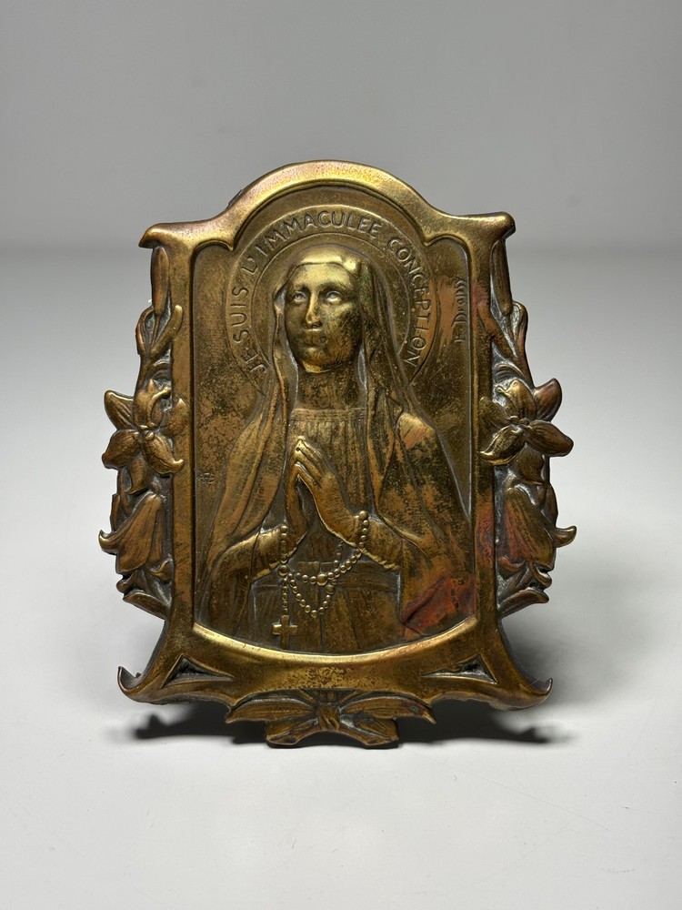 Holy Virgin Mary Immaculate Devotion Plaque Brass Design Signed E. Dropsy