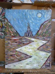 THE CASTLE AWAITS fairytale oil painting 8×10 card Panel original by Crowell