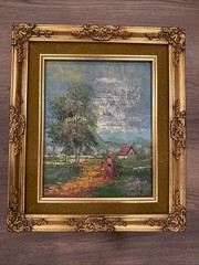 Landscape Oil Painting Board In Antique Frame