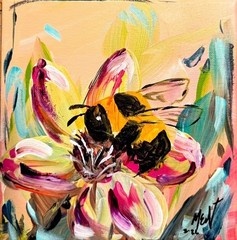 Maria Art BUMBLEBEE FLORAL 8×8 Canvas Original Expressionist Abstract Bee Floral