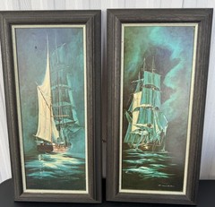 2 x Vintage Mid Century Art Ships Paintings Signed