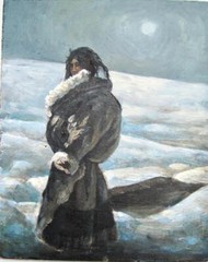 Tibet Oil Painting Nomadic Figure in Furs in Snow 1990 10 x 8 Signed China