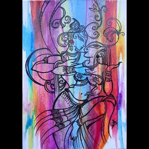 ACEO Original Attractive Abstract Couple Love Acrylic & Black Pen Line Art OOAK