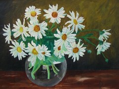 A.K. STILL LIFE DAISIES VASE FLOWERS BLOOMS RED BROWN WHITE YELLOW ANTIQUE