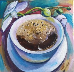 small original oil painting on canvas handmade art white cup of black coffee