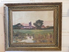 Oil Painting On Canvas „View Of Village Medieval Tower And River“ Stucco Frame