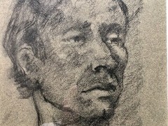 Modernist 1970s Original Susan Amster NYC Minimalist Charcoal Portrait Painting