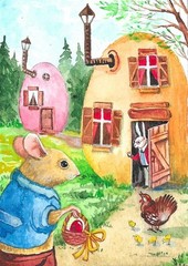 5×7 PRINT OF PAINTING RYTA EASTER MICE RABBIT MOUSE BUNNY FOLK ART egg chiken 🌺