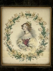 Antique 19th Century Hand-Colored Lithograph “ The Lilly Green Velvet Frame