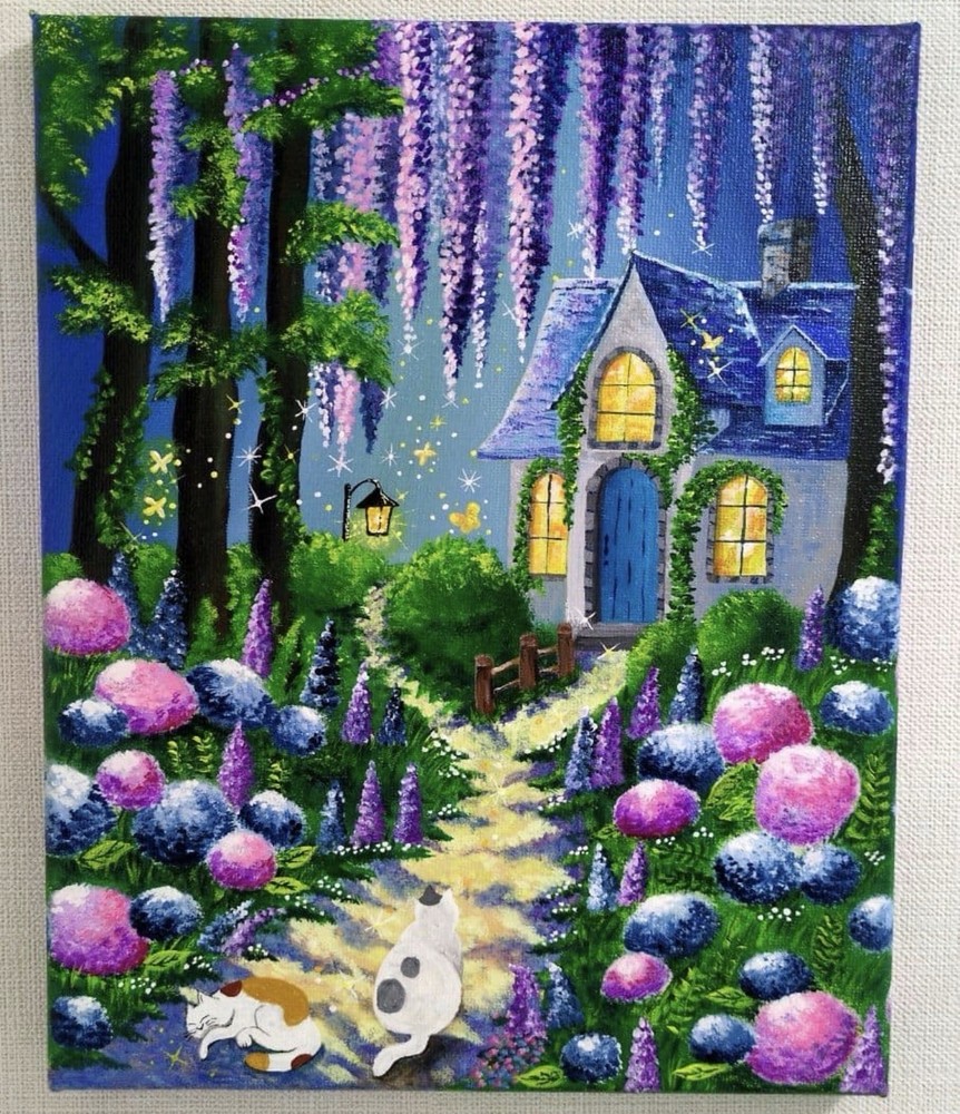 Original Cat Cottage Painting Fantasy House Wisteria Garden Acrylic Art OOAK