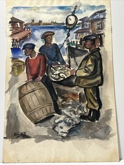 Antique New Jersey Painting Black Fisherman Fish Market Maurice Bilton Rare
