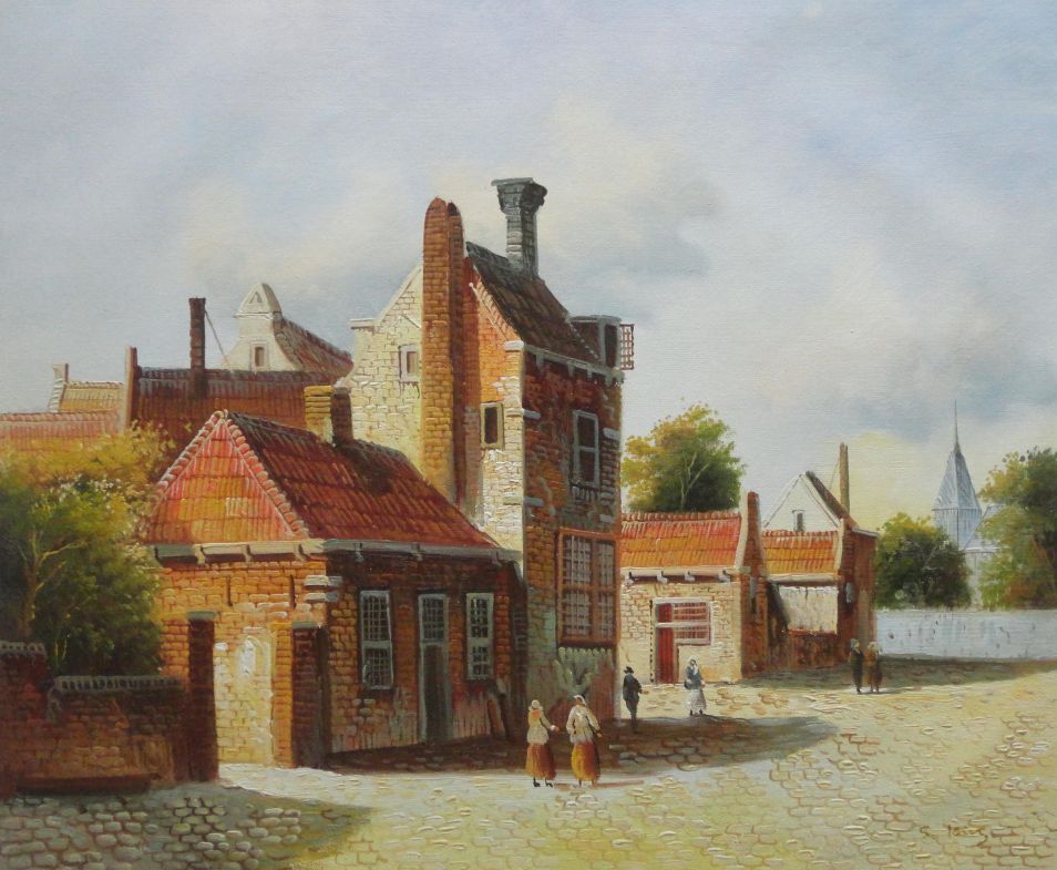 20×24 A Dutch Village Street Full of Pleasant Leisure Oil Painting Classic