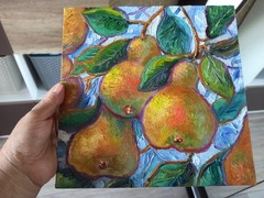 Original Oil Painting Pears on tree on Canvas Board 25x25cm Signed Art