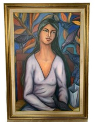 Listed Dominican Artist Julio Susana Large Signed Oil on Canvas Painting 1987