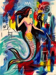 Original Mermaid Ocean Art 16×12 Canvas Colorful Neo Expressionist Painting