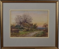 English Farmstead at Sunset Antique Watercolour British Victorian School c1890