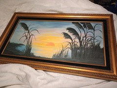 Vtg Signed Ooak Sunset Silhouette Oil Painting Framed Canvas Velvet 16 X 28 Ori