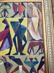 MID CENTURY PAINTING PEOPLE HORSE CUBIST CUBISM MODERNISM ANTIQUE 1940’S OIL