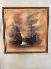 large mcm frigate boat sailboat Sailing ocean painting 40×40” signed Carlson